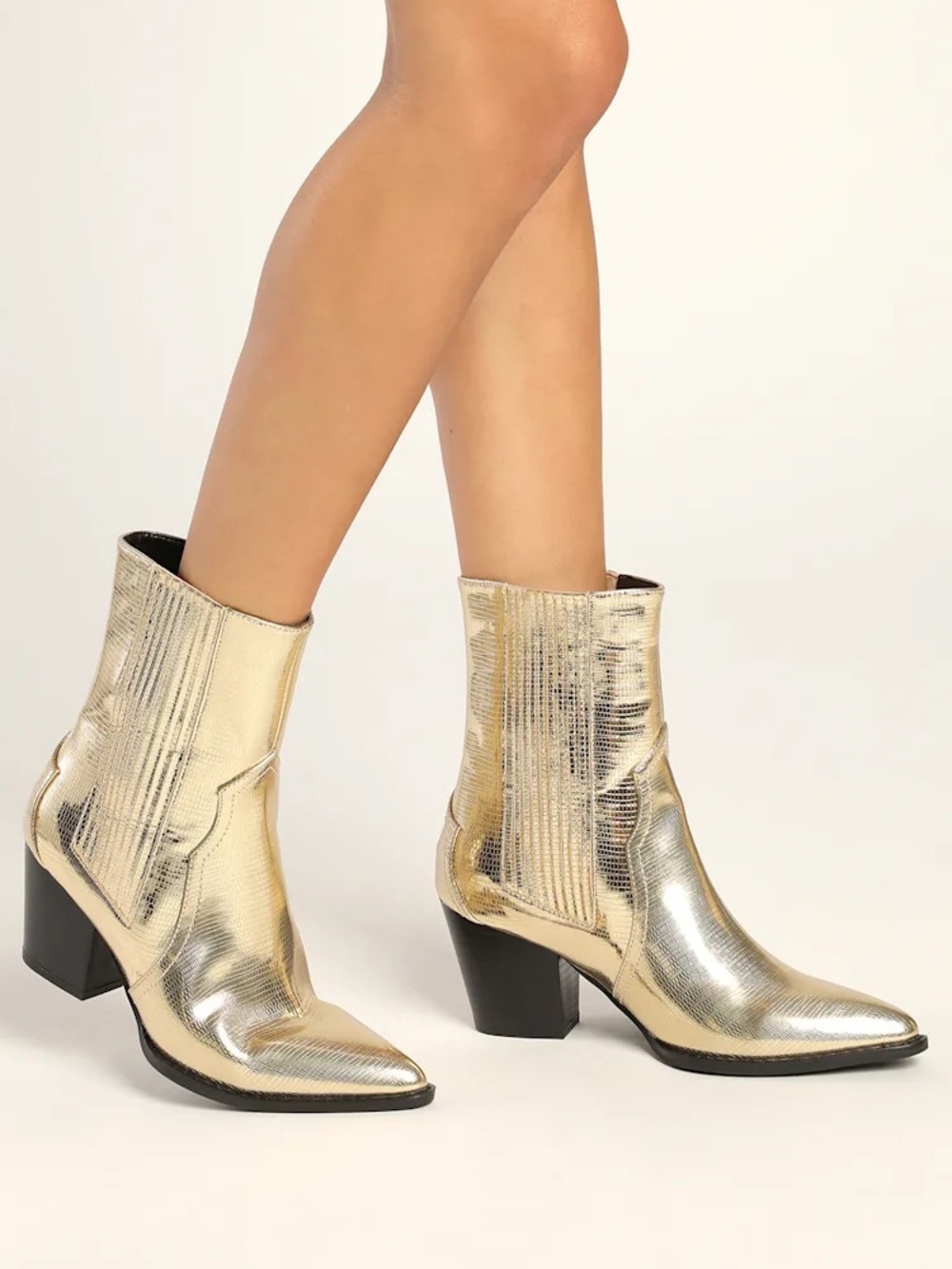 Lulus Vaylyn Gold Pointed-Toe Mid-Calf Western Cowboy Cowgirl Boots Size 8.5